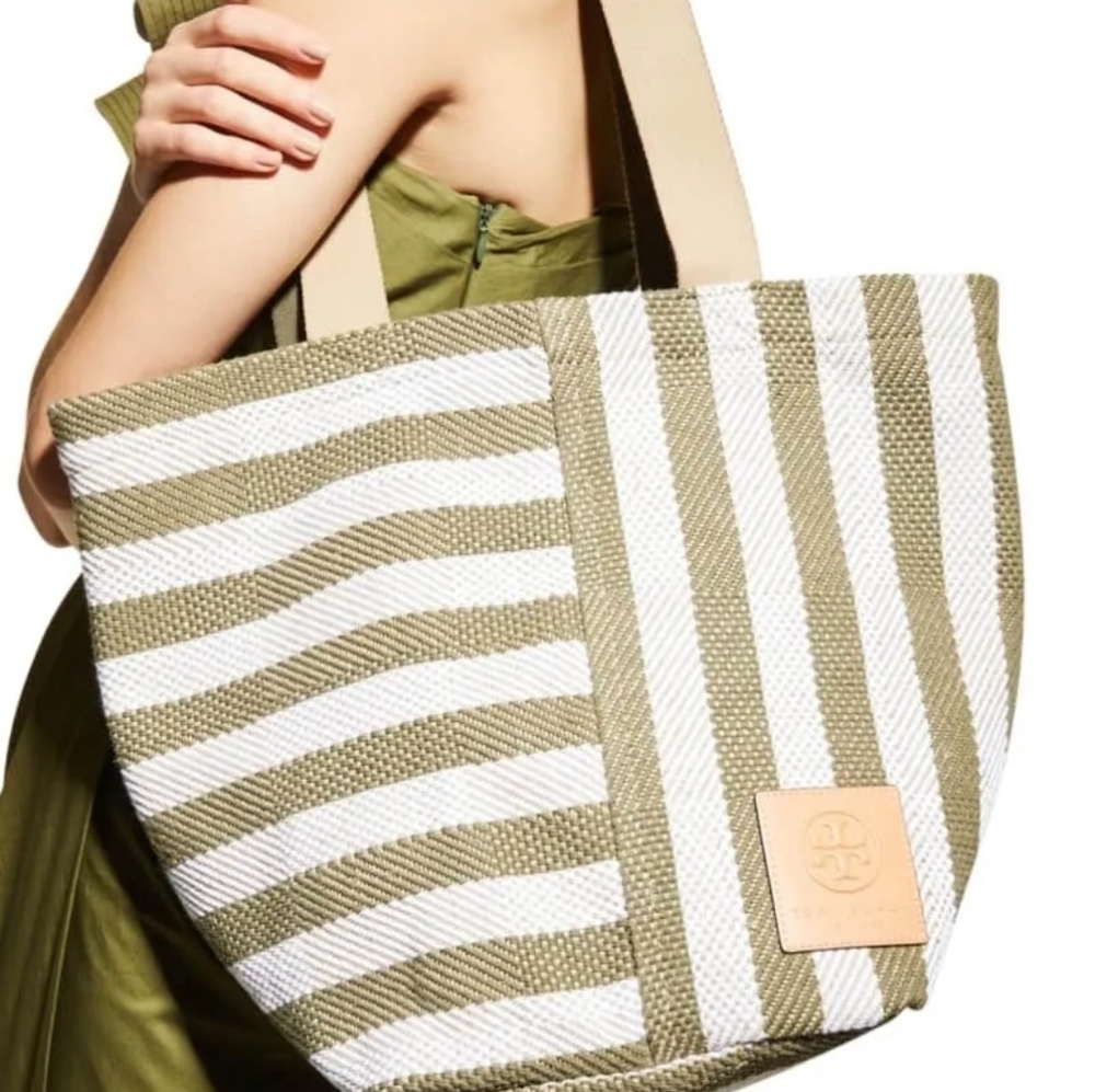 Tory Burch Gracie Striped Extra Large Canvas Tote Bag ~NWT~ Green Stripe